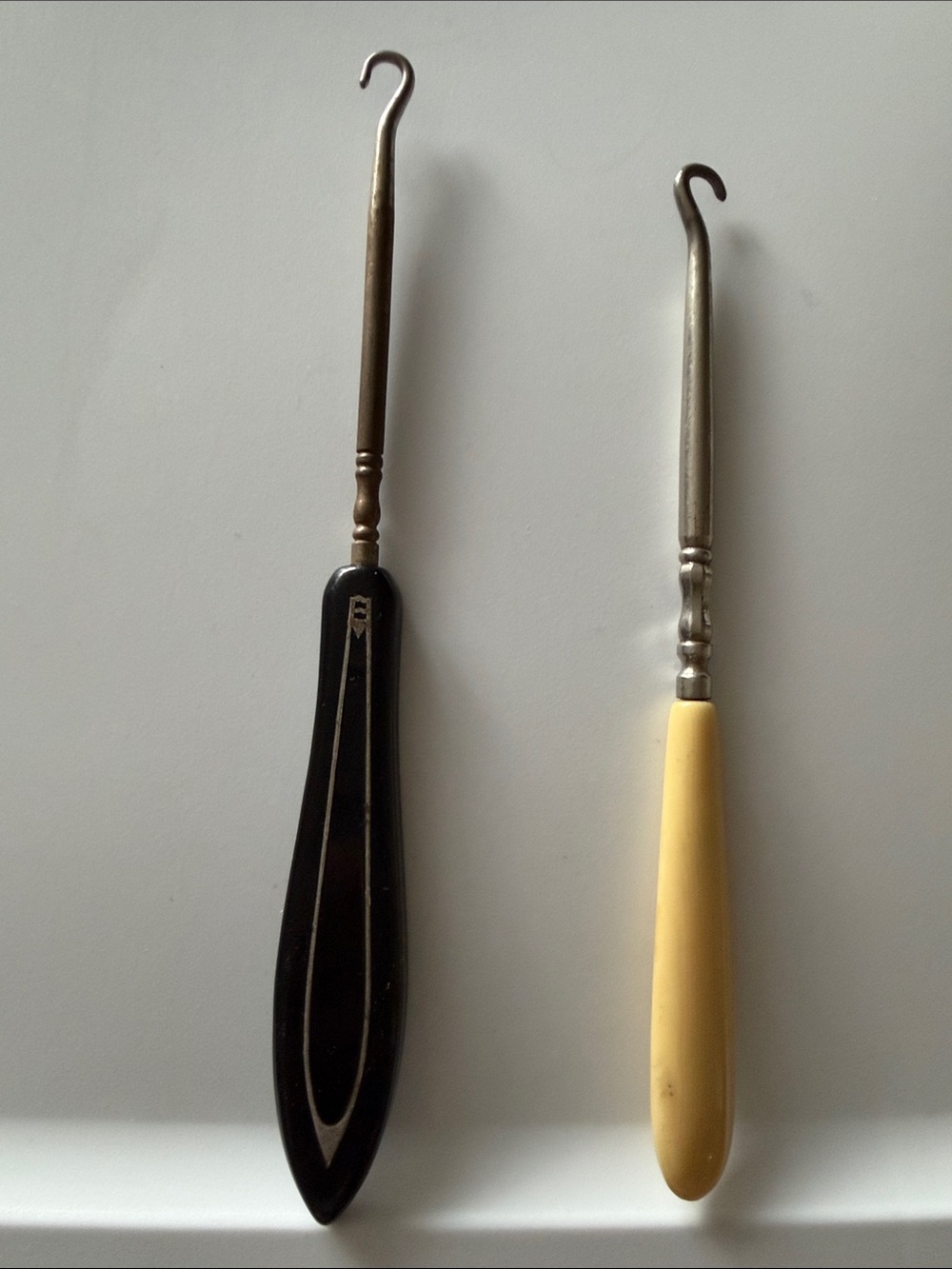 Vintage Pair of Button Hooks — Black and Ivory Handles